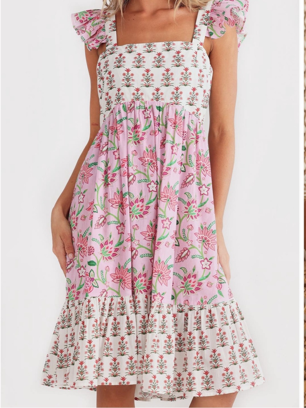 NEW Talisman the Label Zoe Ruffle Tiered Knee Dress Pink Strawberry Fields Print